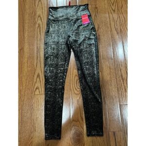 Spanx Black Gold Metallic Foil Leggings Medium High Waist Velvet Shine Shaping